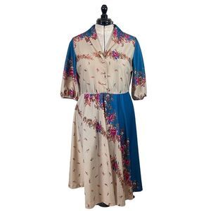 70s Vintage Montgomery Ward Blue, Pink, Tan Floral Polyester Midi Dress Size XL